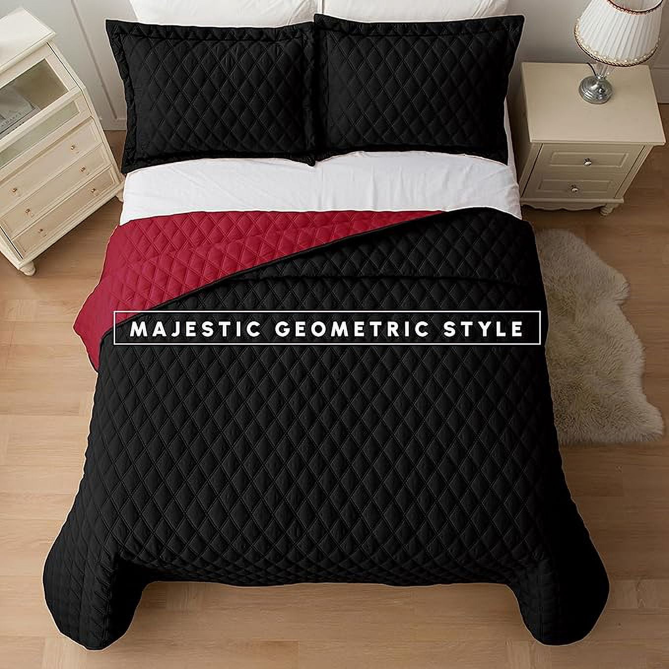 Elegant Comfort 3-Piece Quilted Reversible Bedspread Coverlet Set with Pillow Shams, Exquisite Diamond Stitching All Season Heavy Weight-Ultra Soft Premium Quilt- King, Black/Burgundy