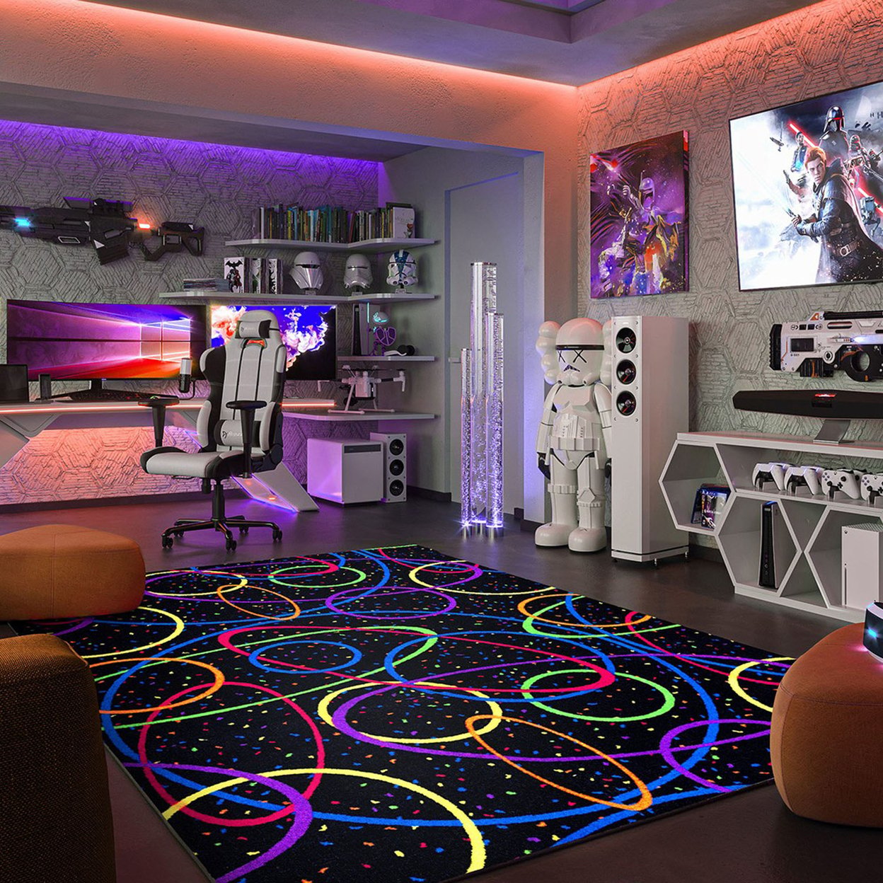 thumbnail image 2 of Home Floor Decorative Premium Nylon Fiber Neon Lights Looped 6' X 6' Area Rug - Fluorescent, 2 of 5