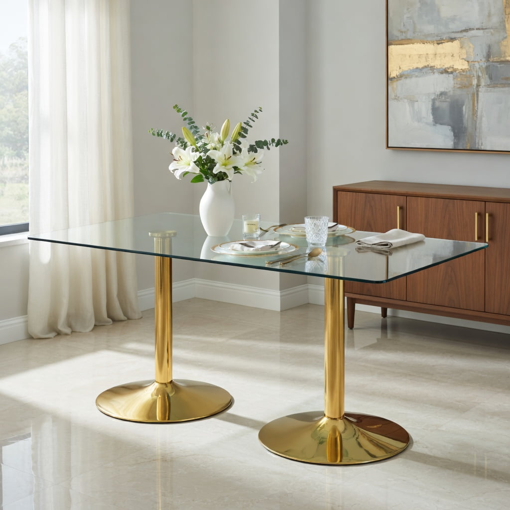 Hommoo Modern Minimalist Oval Glass Dining Table with Electroplated Metal Legs, 71 in L x 35.4 in W Tempered Glass Top, Ideal for Living Room & Restaurant, Gold