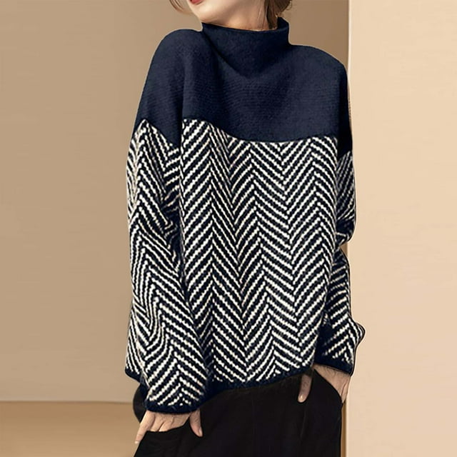 EGNMCR Chandail à Col Roulé pour Femmes, Chandails pour Femmes Chandail à Col Roulé Patchwork pour Femmes Chandail Tricoté Mode Décontractée Hauts Chandail pour Femmes