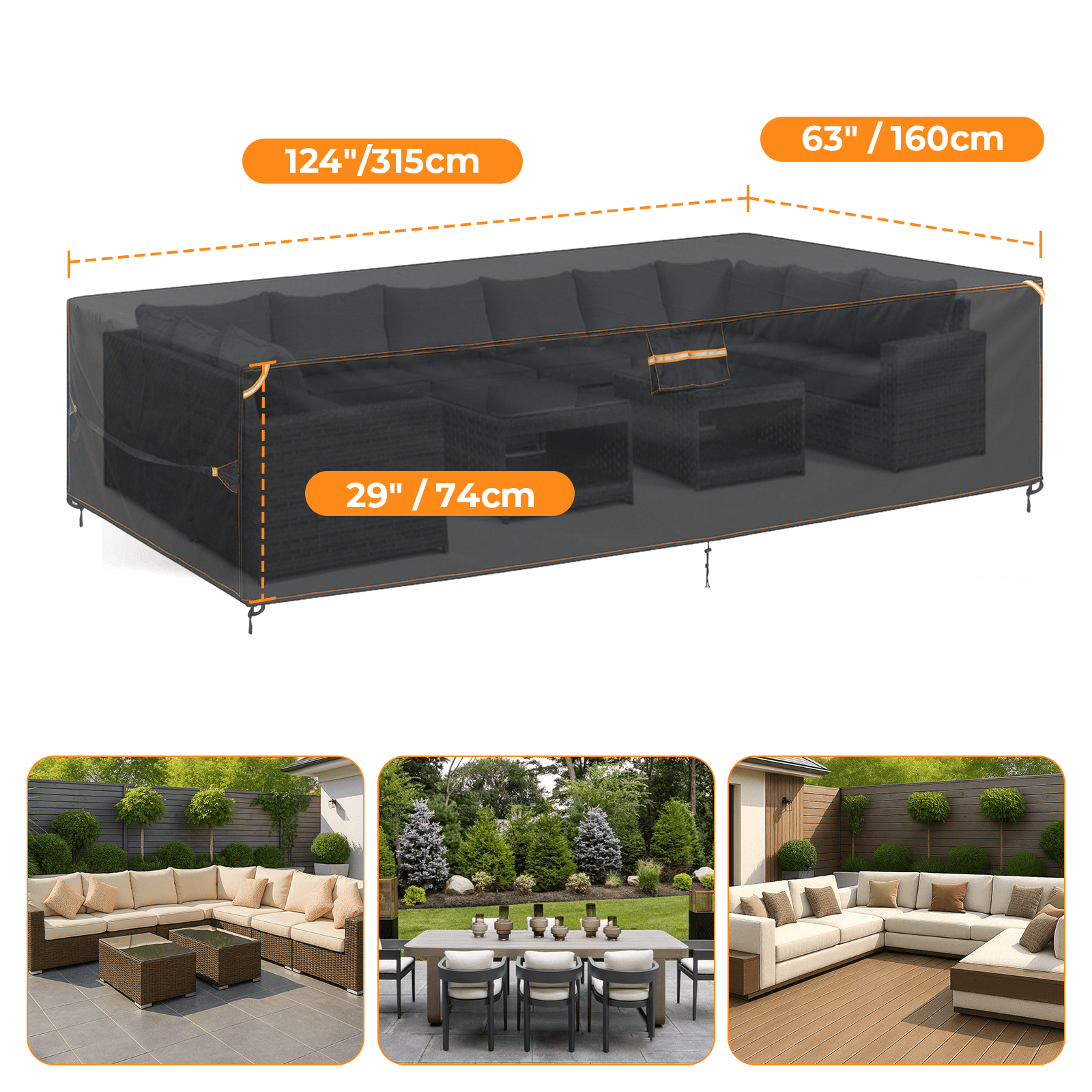 YEERSWAG Extra Large Outdoor Furniture Cover Waterproof, 124" x 63" x 29" Patio Set Cover Weatherproof 420D Oxford Outdoor Dining Set Cover with Vent for Outside Tables, Sofa, Chairs, Black