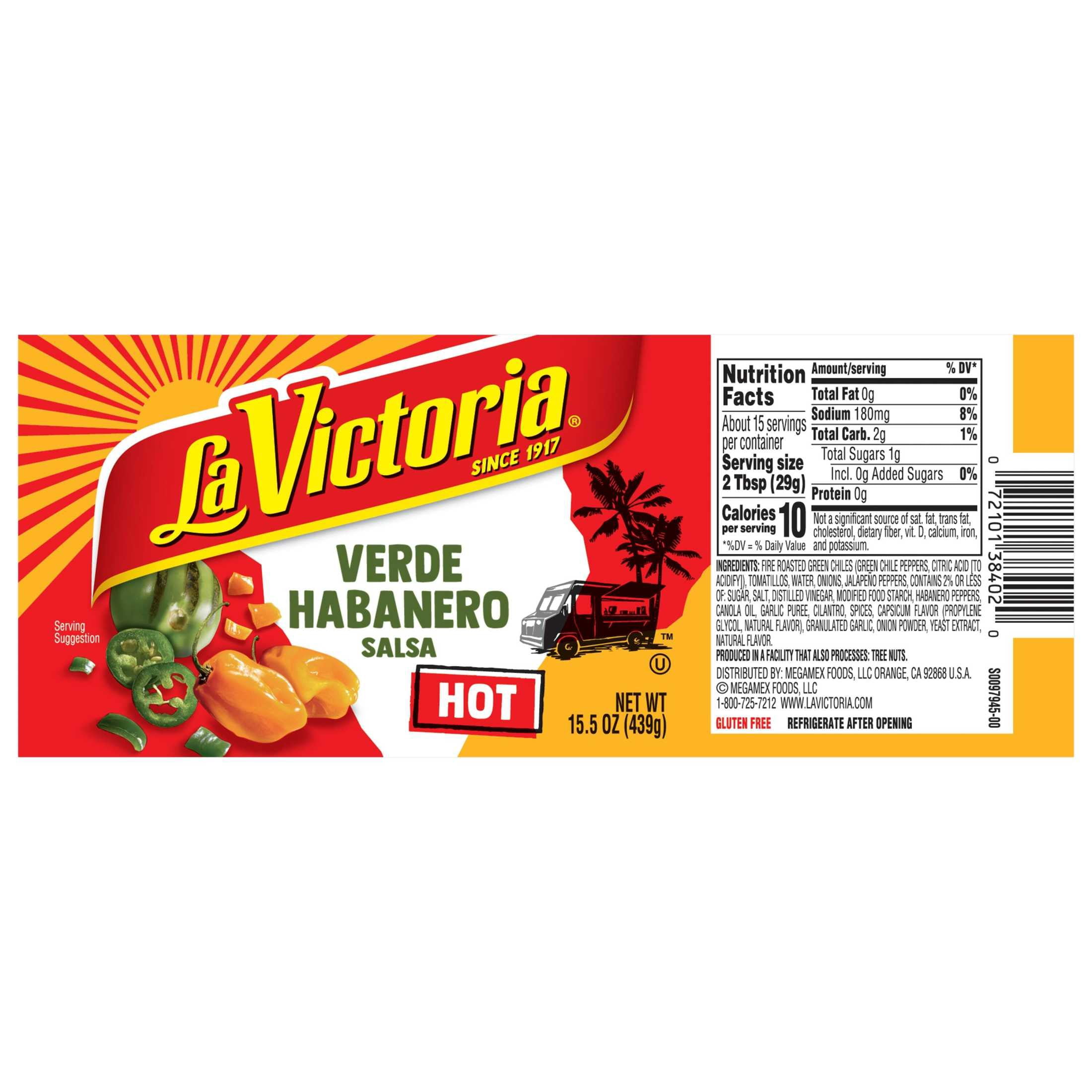 (12 pack) LA VICTORIA Verde Habanero Salsa Hot, Tortilla Chip Dip, Shelf Stable, 15.5 oz Glass Bottle