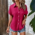 thumbnail image 4 of Womens Summer Tops Ladies' Fashionable And Casual Solid Color Batsleeved Button Short Sleeved Shirt Cows Shirts for Women Short Sleeve Tee Shirt Women Shirts under V Neck Tops Polish Tee Workou Pink S, 4 of 5