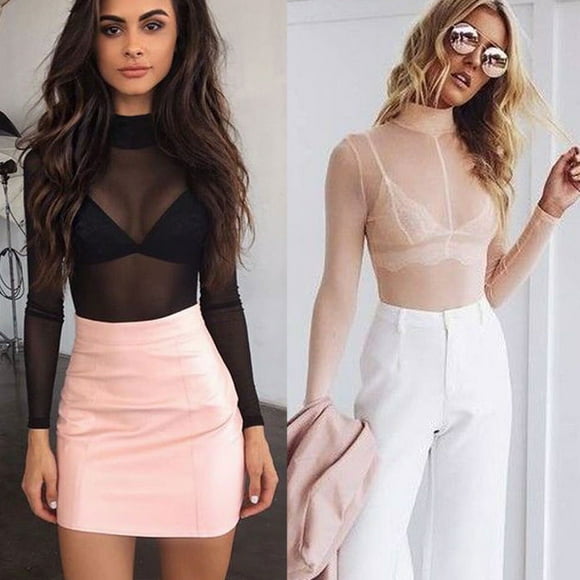 Women sexy See Through Blouse Sheer Mesh Fish Net Long Sleeve Clubwear Shirt Slim Tops
