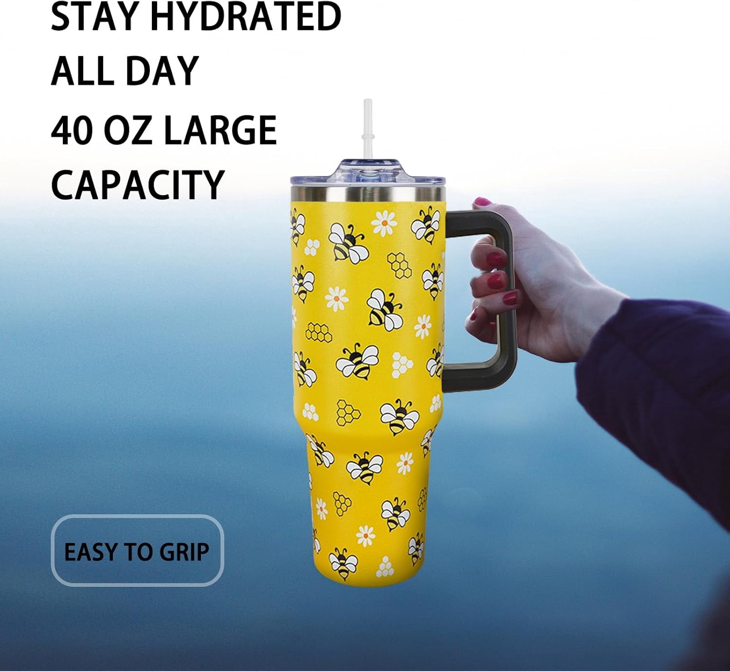 Bee 40 Oz Tumbler With Handle and Straw - Yellow Cup Water Bottle Drinking Glass, Gifts for Women Girls Bee Lovers, Accessories Stuff for Christmas Birthday