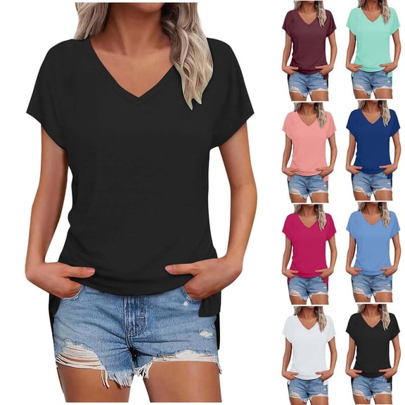 Xaqiouau Womens V Neck T Shirt Casual Loose Fit Short Sleeve Summer Tops Soft Lightweight Basic Tee