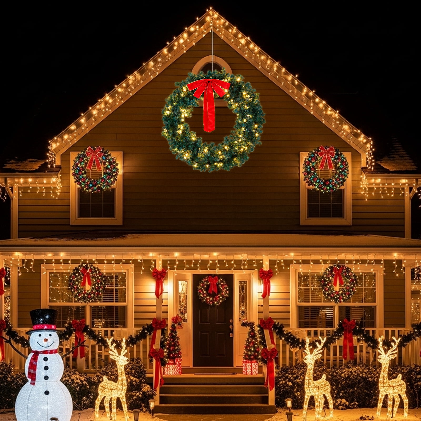 46in Pre-lit Christmas Wreath, Lighted Artificial Xmas Wreath with 150 Warm & Multi-color Lights and 450 PVC Tips, Remote Control Stepless Dimming, for Front Door Gate Wall Xmas Party Decorations