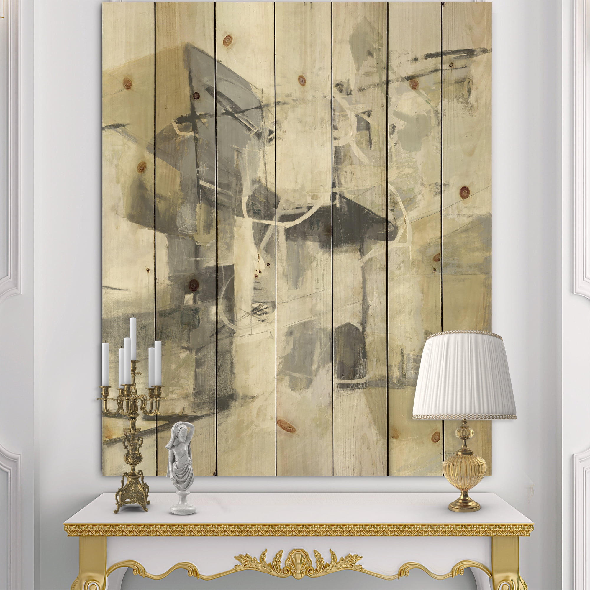 Designart 'Abstract Glam Cream Dream IV' Modern & Contemporary Print on Natural Pine Wood