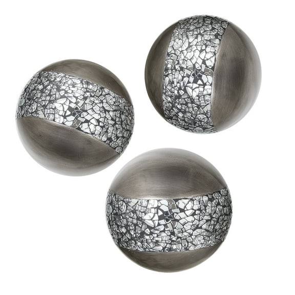 Schonwerk Silver Decorative Orbs for Bowls and Vases (Set of 3) Resin Sphere Balls | Dining/Coffee Table Centerpiece | Great Gift Idea (Crackled Mosaic)