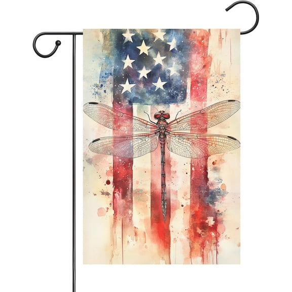 Patriotic Stars and Stripes Dragonfly Garden Flag, Double Sided, 12 x 18 Inch Watercolor Yard Outdoor Decoration