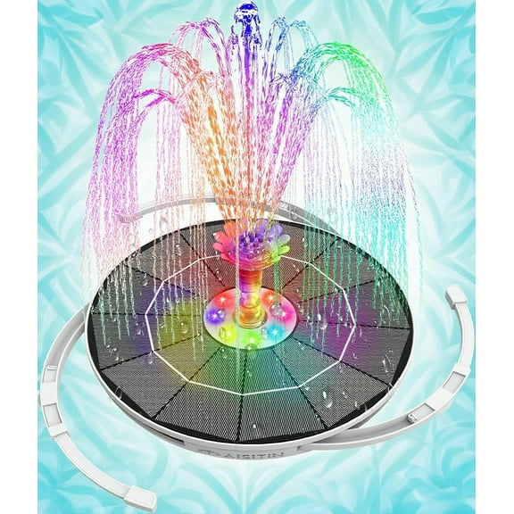 Solar Fountain Pump with Colorful LED Lights & 3000mAh Battery, 6.5W Solar Bird Bath Fountain with Retractable Bracket & 8 Nozzles - Outdoor Water Pump for Bird Bath, Garden, Pond