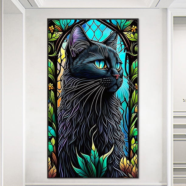 Pintura de diamante 5D DIY Taladro redondo completo Gato Vidrieras Decoración para el hogar Negro JShteea El nuevo