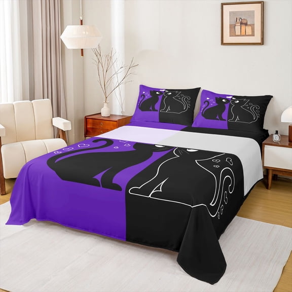 jejeloiu Cartoon Cute Kitten Twin Sheet Sets,Pet Animal Twin Fitted Sheet,Black Purple Flat Sheet For Girls Teens,Luxury Bedroom Decor,3pcs