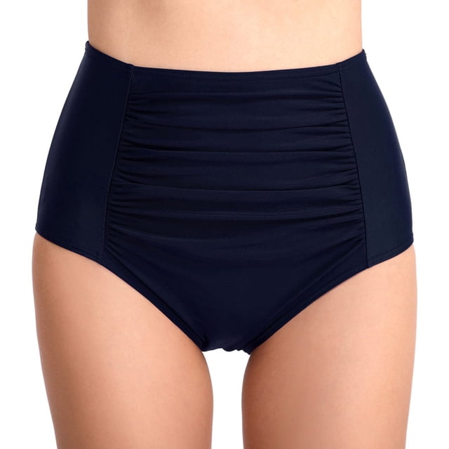 Women High Waisted Bikini Bottom Retro Ruched Swim Short Shirred Tankinis Brief Navy Blue (S-2XL)