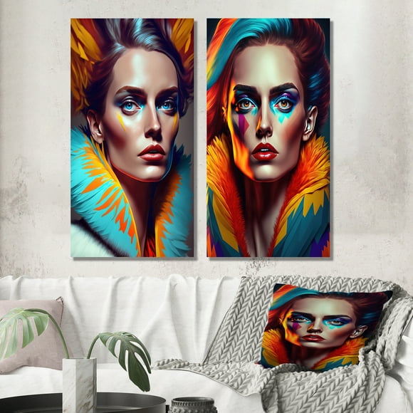 Designart "Vibrant Sensual Woman in Fur II" Woman Sensual Wall Art Set Of 2 - Multicolor Fashion Gallery Wall Set For Home Decor
