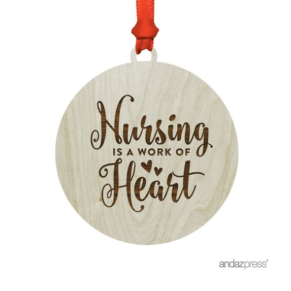 Laser Engraved Wood Christmas Ornament with Gift Bag, Nursing is a Work of Heart