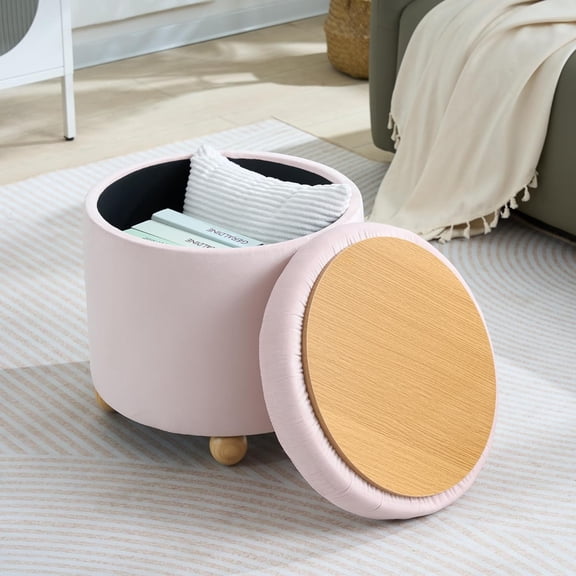 Round Storage Ottoman with Tray, Modern Tufted Fabric Foot Rest Ottoman with Wooden Spherical Feet Round Vanity Stool for Living Room, Bedroom, Pink