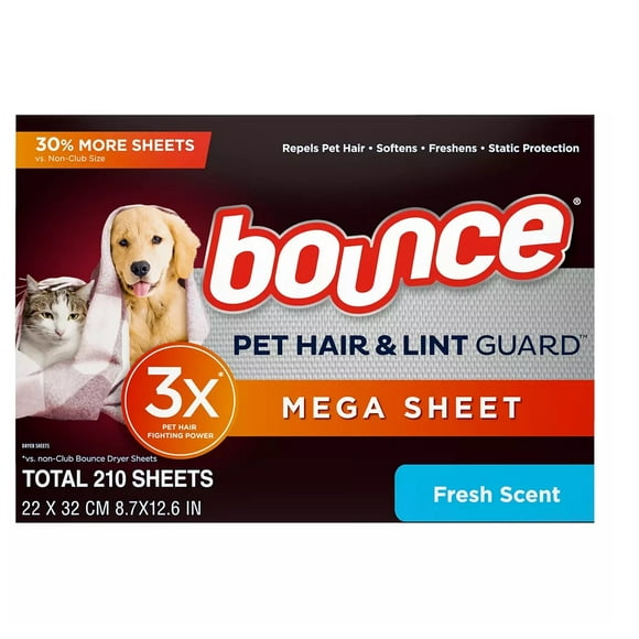 Bounce Pet Hair & Lint Guard Feuilles Méga Sèche-Linge, Parfum Frais, 210 ct.