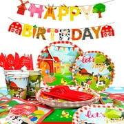 Farm House Fun Barnyard Animals Party Supplies,130Pcs Farm Party Tableware Set-Farm animals Birthday Banner,Farm Plates Cups Napkins Tablecloth ect Farm Birthday Party Supplies,Serves 16