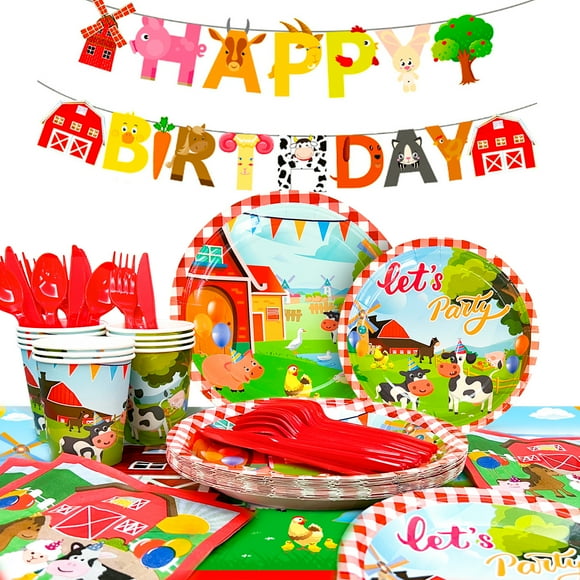 Fournitures de Fête Animaux de Ferme pour la Ferme, 130 Pcs Décorations d'Anniversaire de Ferme Vaisselle - Assiettes Gobelets Serviettes Nappe Bannière pour Fournitures d'Anniversaire de Ferme