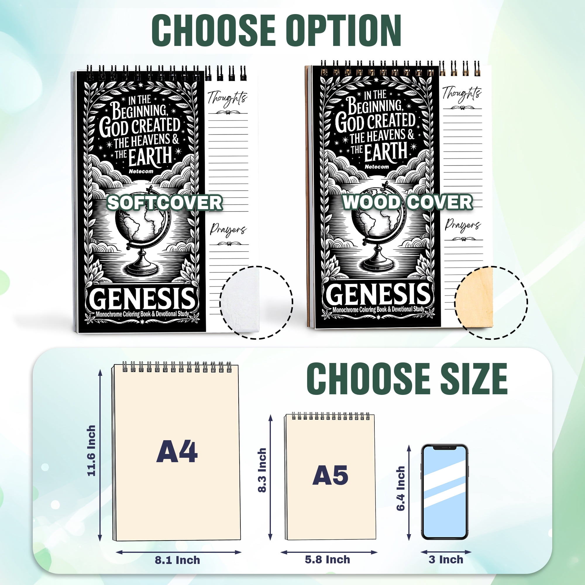 Genesis Monochrome Coloring Book for Adults, 30 Minimalist Scripture Art Pages with Reflection & Prayer Space, Spiral Bound, A4 or A5 Softcover or Wood Cover