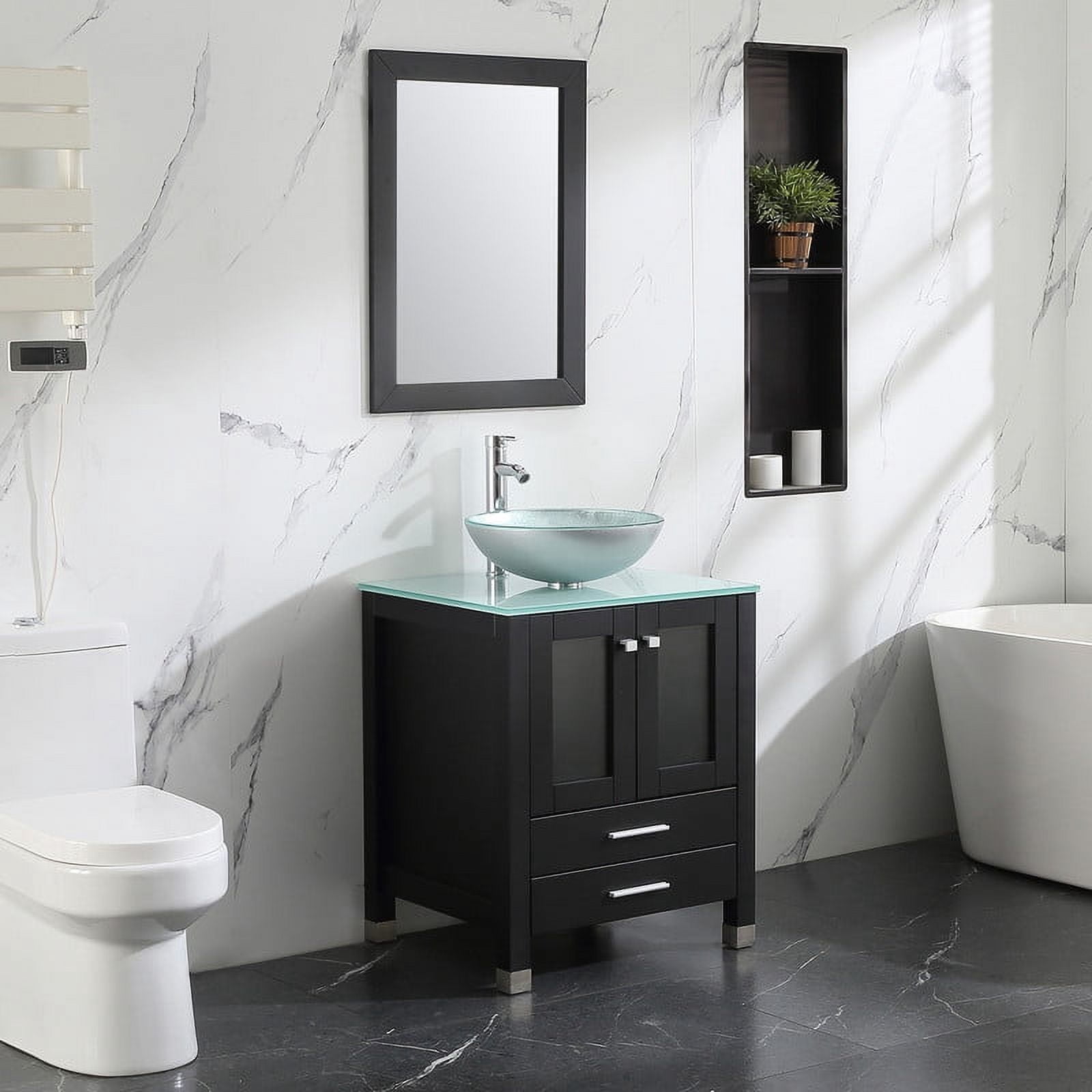 Walsport 24" Luxurious Bathroom Vanity and Sink Combo Cabinet with Silver Glass Vessel Sink and Faucet Pop Up Drain,Black