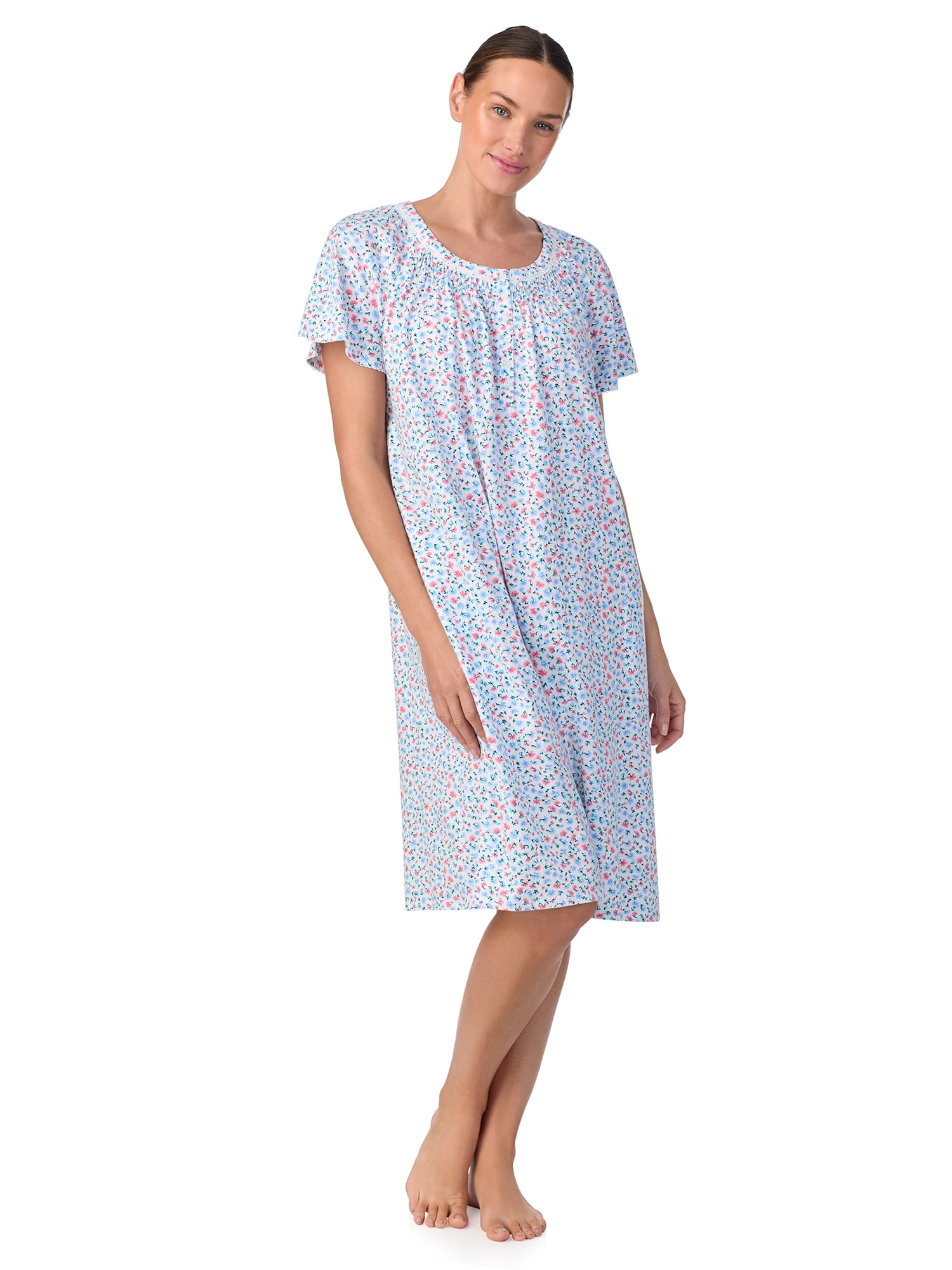 Aria Women's 100% Cotton Raglan Sleeve Smocked Neck Sleepwear 40" Gown, Sizes XS-5X