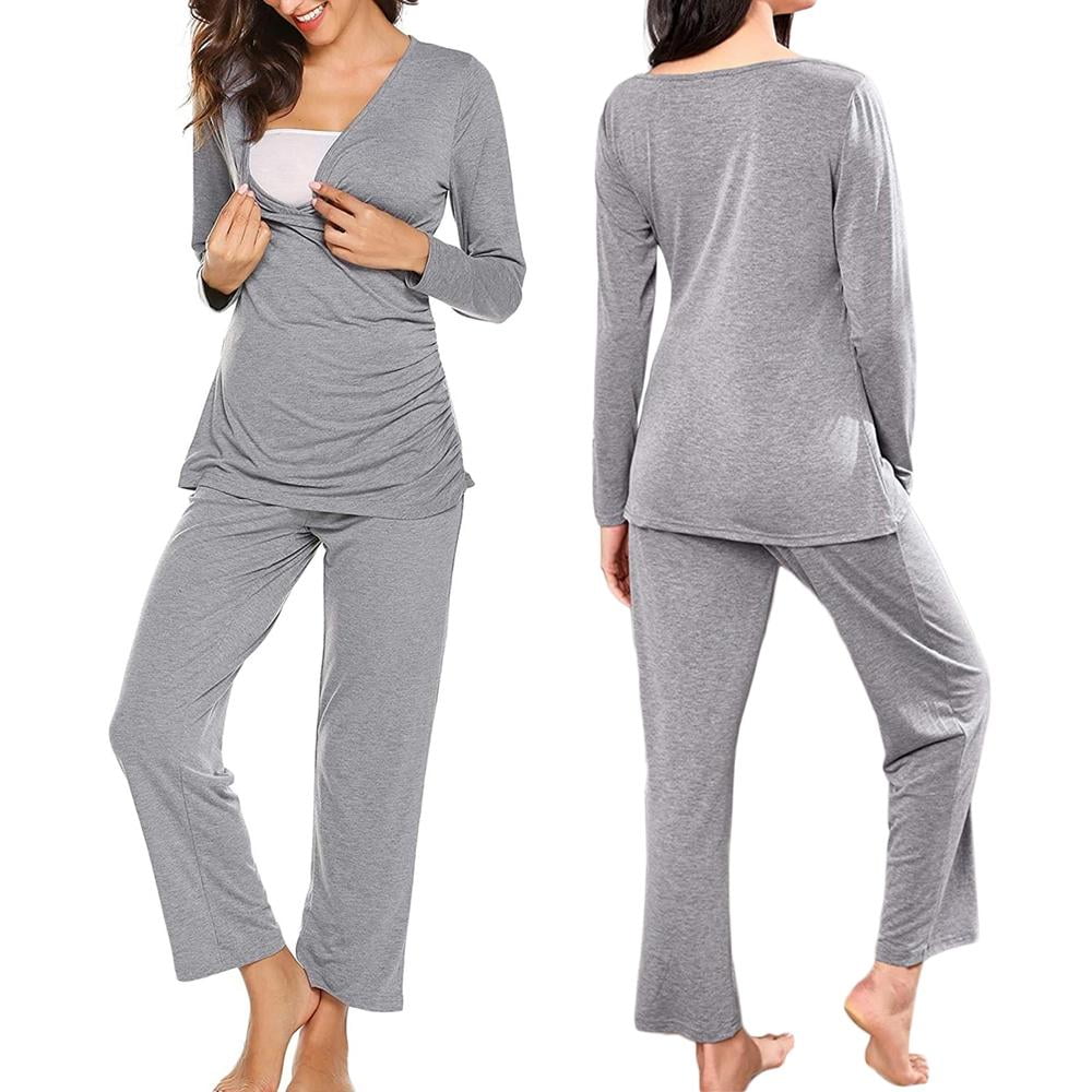 HOTOUCH Women's Maternity Nursing Pajamas Sets Breastfeeding Sleepwear Set Double Layer Long Sleeve Top & Pants Pregnancy PJS 