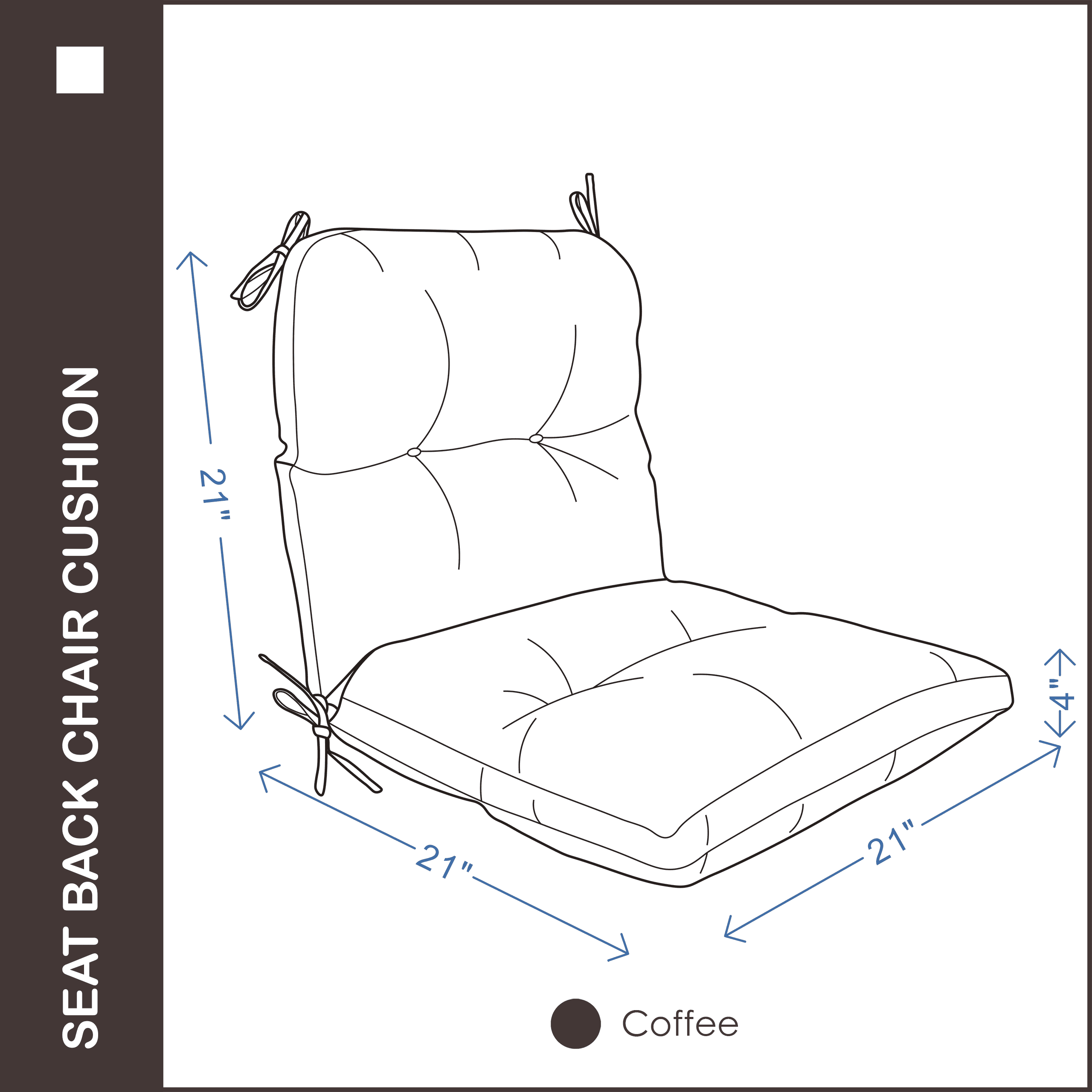 YOOZEKU Outdoor Indoor Seat Back Chair Cushions Set of 4,Waterproof Tufted Lawn Dining Chair Cushions for Patio Furniture with Ties,42x21inch, Coffee