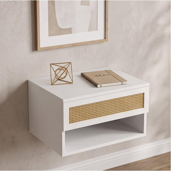 Floating bedside cabinet, oak rattan, compact modern floating bedside cabinet with drawer, for bedroom or bathroom, floating shelf unit