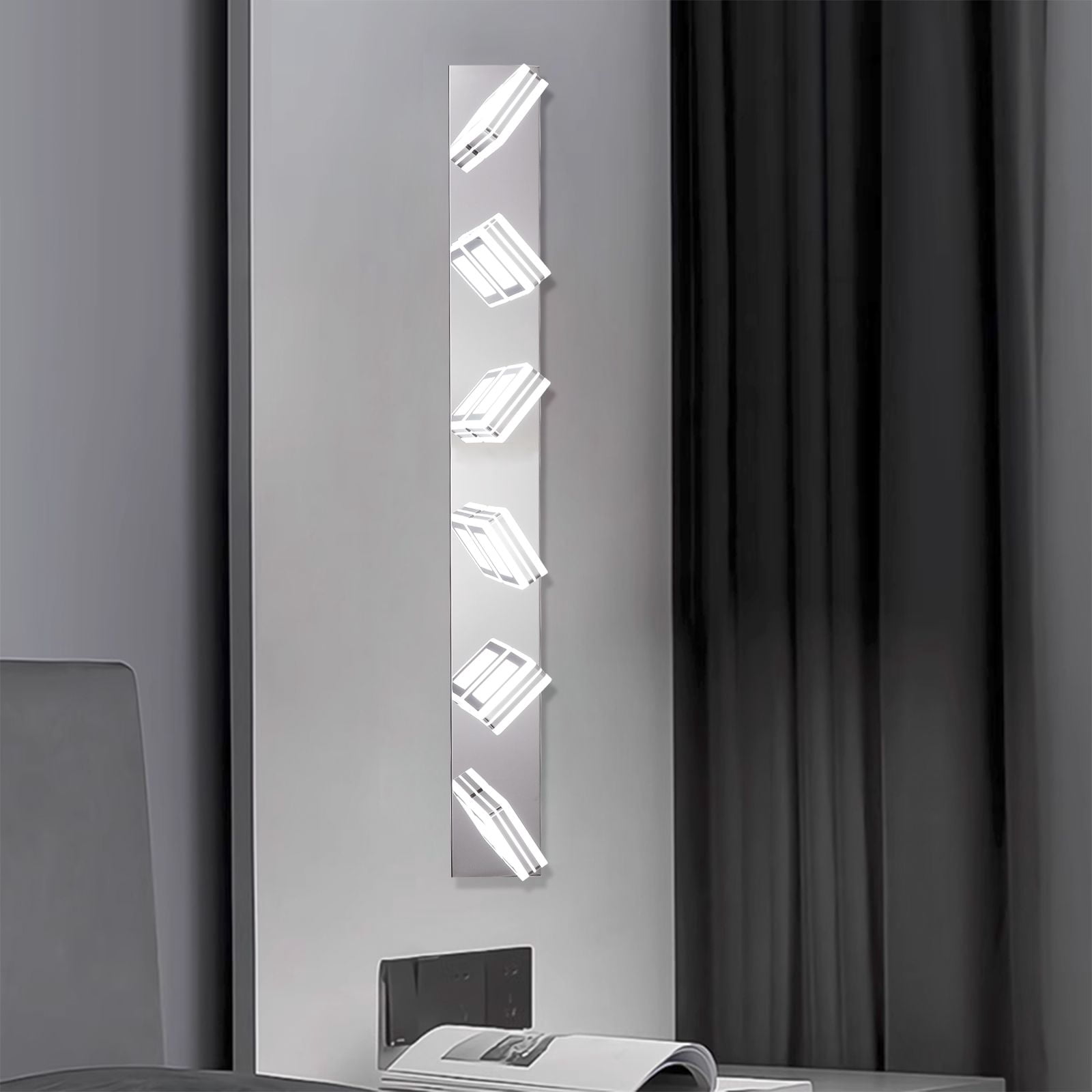 39" Modern 6-Light LED Vanity Light, Chrome Finish with Square Acrylic Shades, Adjustable Wall Sconce for Bathroom Mirror and Vanity Lighting, Hardwired