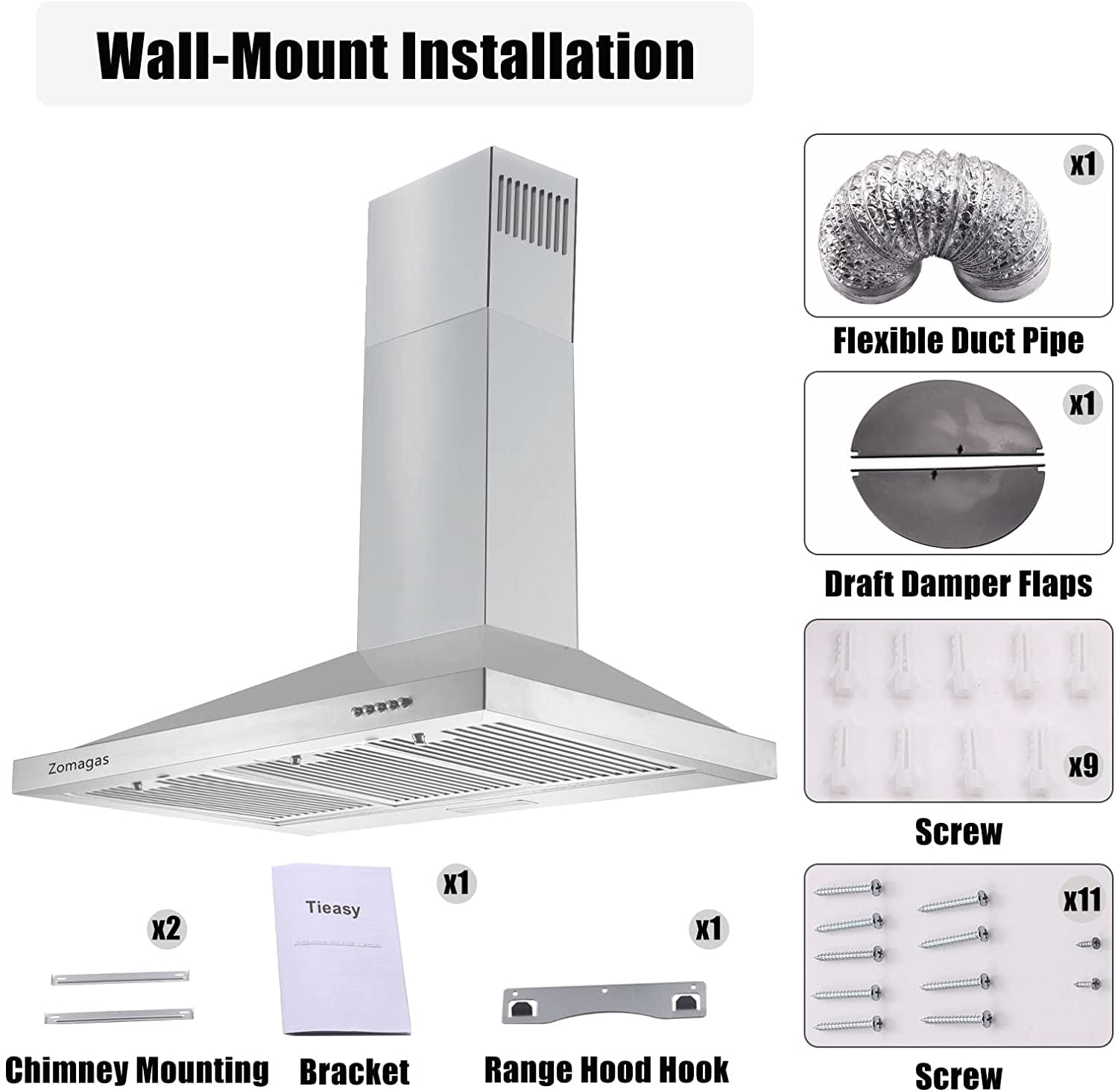 Range Hood 36-inch Wall Mount Vent Hood Stainless Steel Ducted/Ductless 3 Speed Exhaust Fan