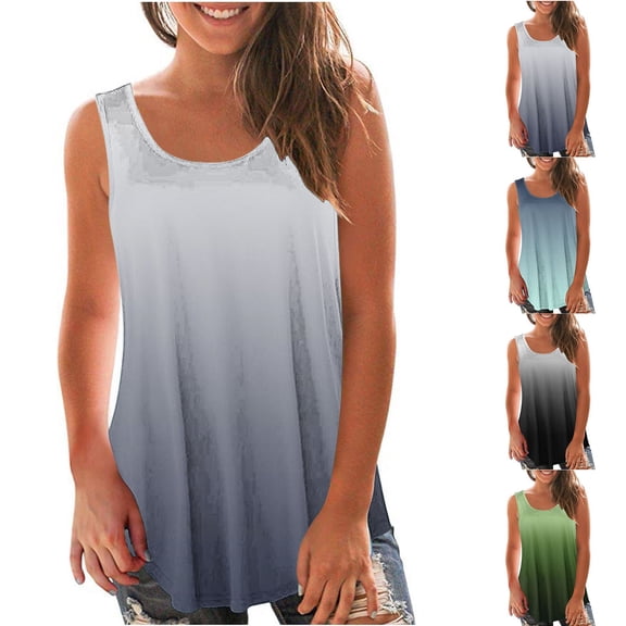 Ashirexll Tank Tops for Women, Fashion Gradient Round Neck Loose Sleeveless T Shirt Pullover