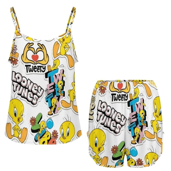 Tweety Bird Women'S Two-Piece Ice Silk Pajama Set Camisole Top And Shorts L