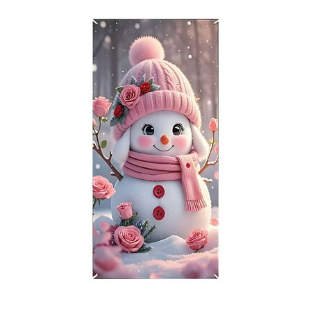 Uutvery Christmas Door Cover with Snowman Design, 35x71 Inch Pink Xmas Door Curtain Decoration Festive Party Decoration for Door Hanging and Seasonal Home Decor