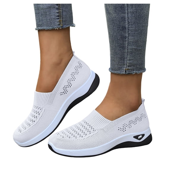 Women's Loafers Slip on Knit Mesh Lightweight Breathable Walking Shoes Casual Dressy Flat Driving Shoes White Size 9