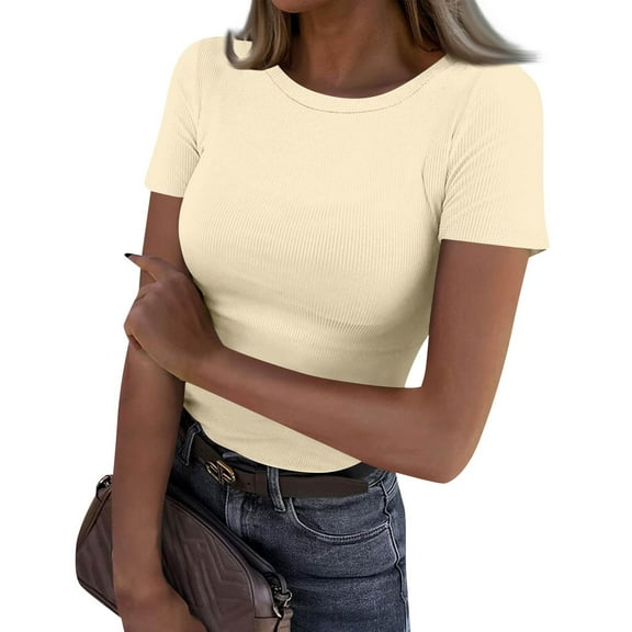 Summer Tops, Women Workout Cotton Short Sleeved V Neck Solid T-Shirt Basic Top For White Undershirt Woman Tank Tops 2025 Tie Front Tops Peasant Dress Shirts Tops Shirts (L, Beige) ZMTing