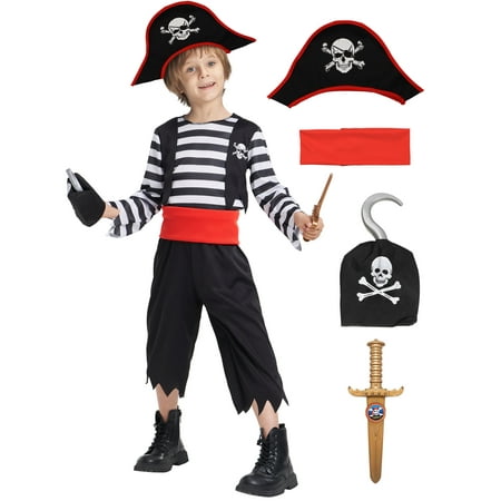 Boys Pirate Costume, Sea Buccaneer Top Shorts Belt Accessories Set for Kids Halloween 4-6 Years