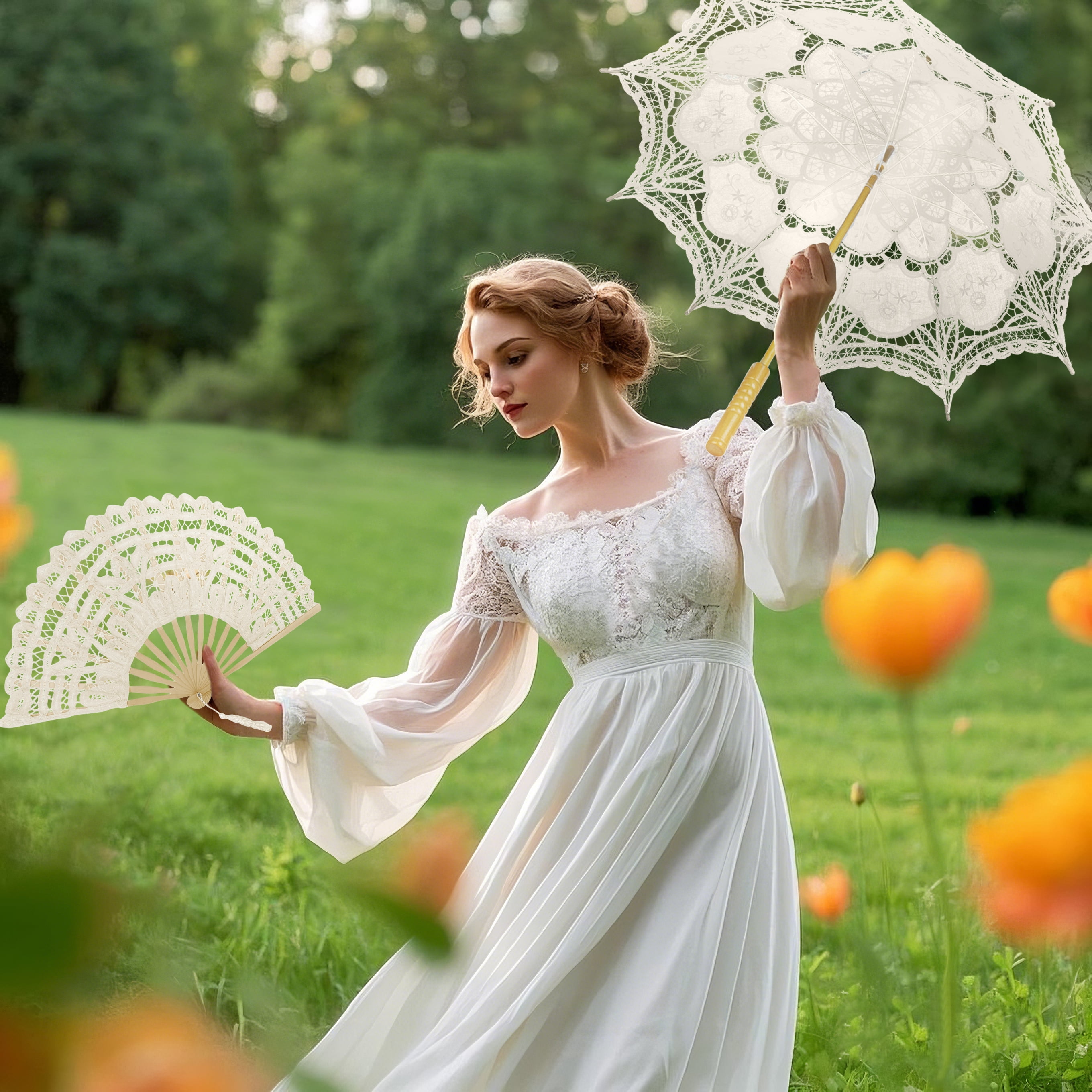TOPTIE Handmade Lace Umbrella Parasol with Elegant Lace Fan for Weddings Art Exhibition