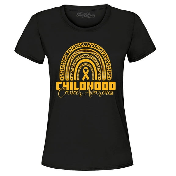 Shop4Ever Women's Childhood Cancer Awareness Gold Rainbow Graphic T-Shirt Large Black