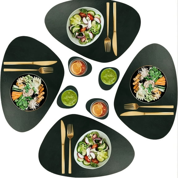 4PC [Waterproof Non-Slip Table Runner] Table Runner, PU Leather Placemats, Solid Color Oval Faux Leather Placemats for Kitchen Table, Waterproof And Non-Slip Table Runner