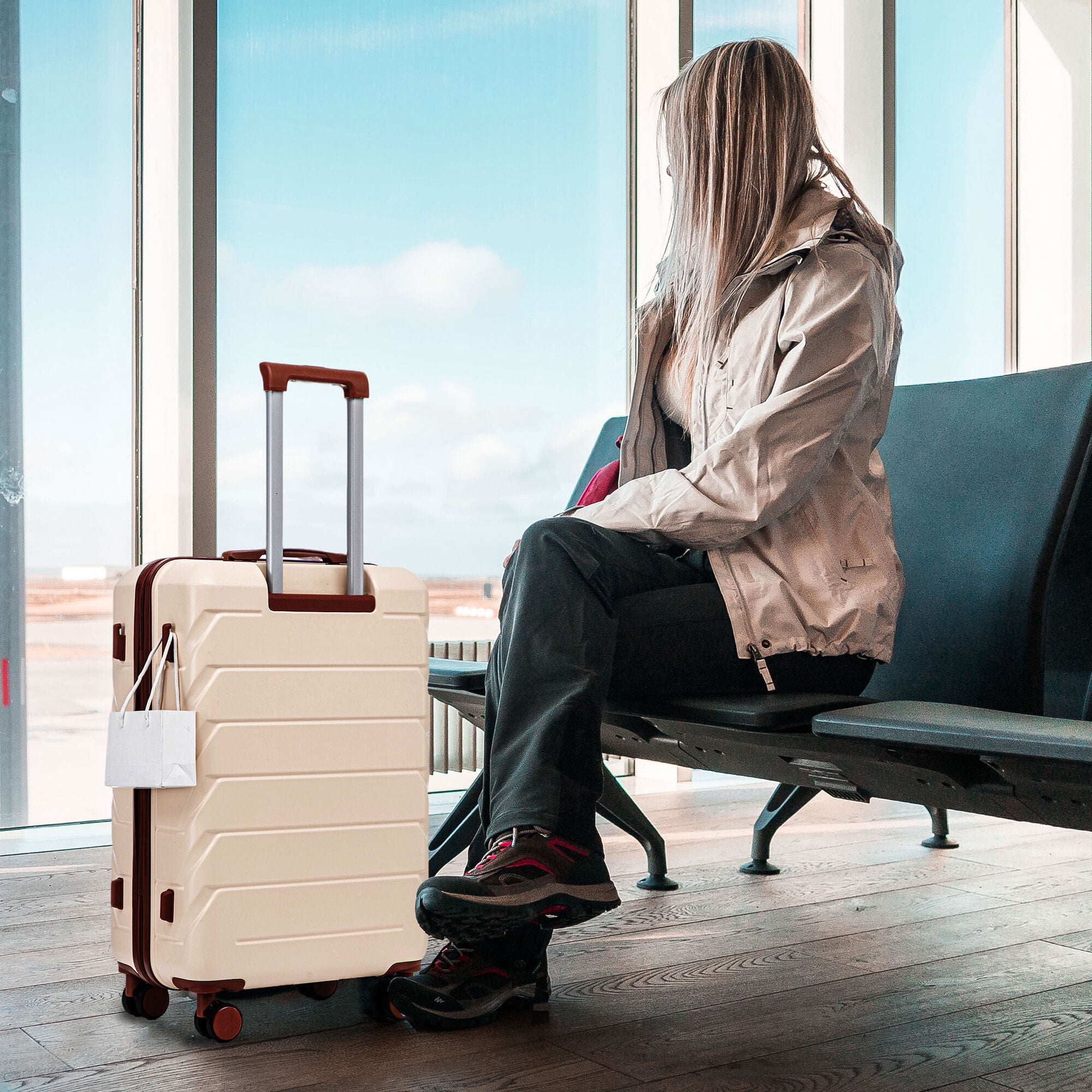 Hardside Suitcase, HIFINE TOURIST 20"/24"/28" 3 pcs/set in ABS Spinner Wheel Luggage, Matching Color , With Combination Lock (Beige), Beige Hardside Luggage,Abs Hardside Checked Luggage