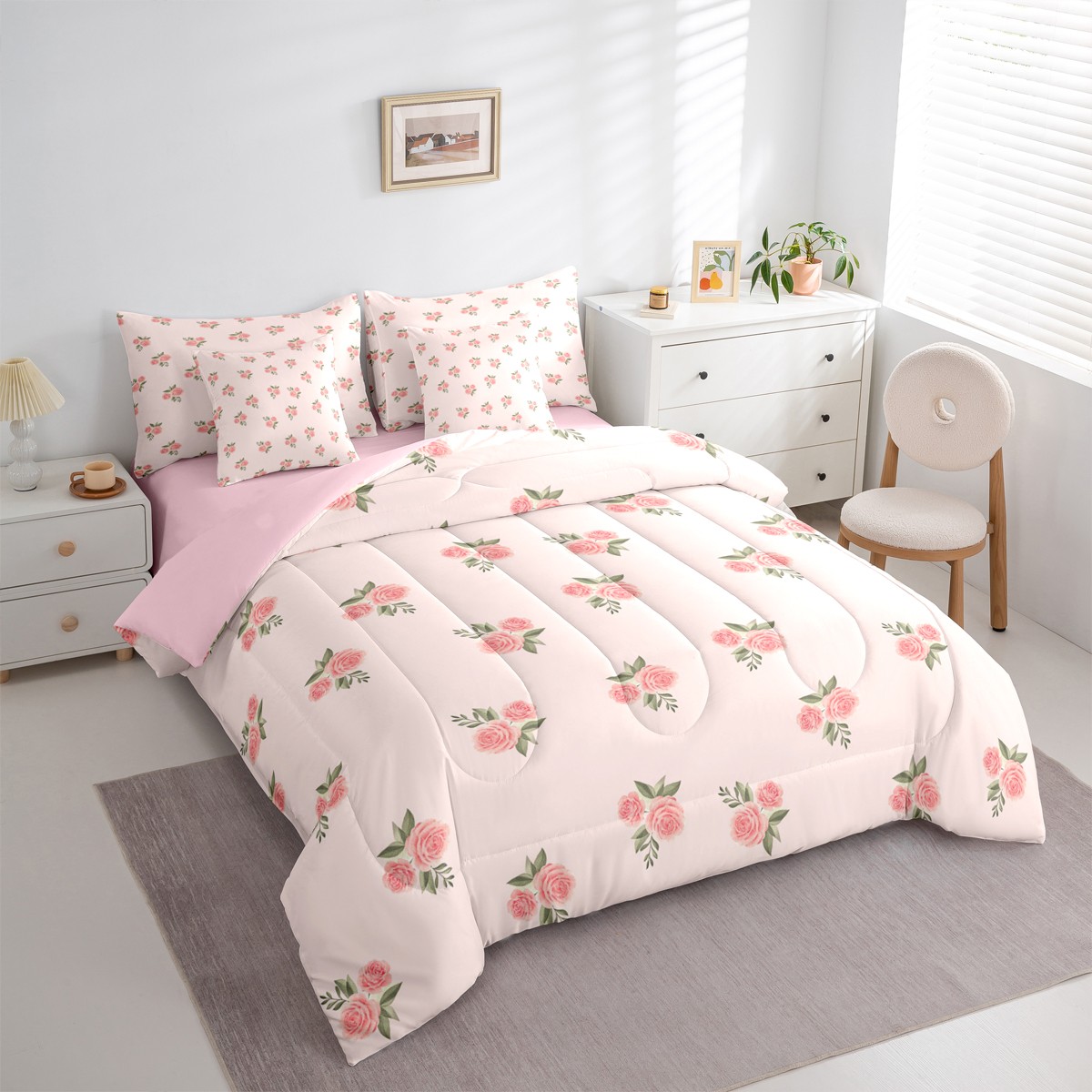 Feelyou Pink Rose Comforter Set Full Size - Floral Bedding For Kids, Teens, Breathable Microfiber