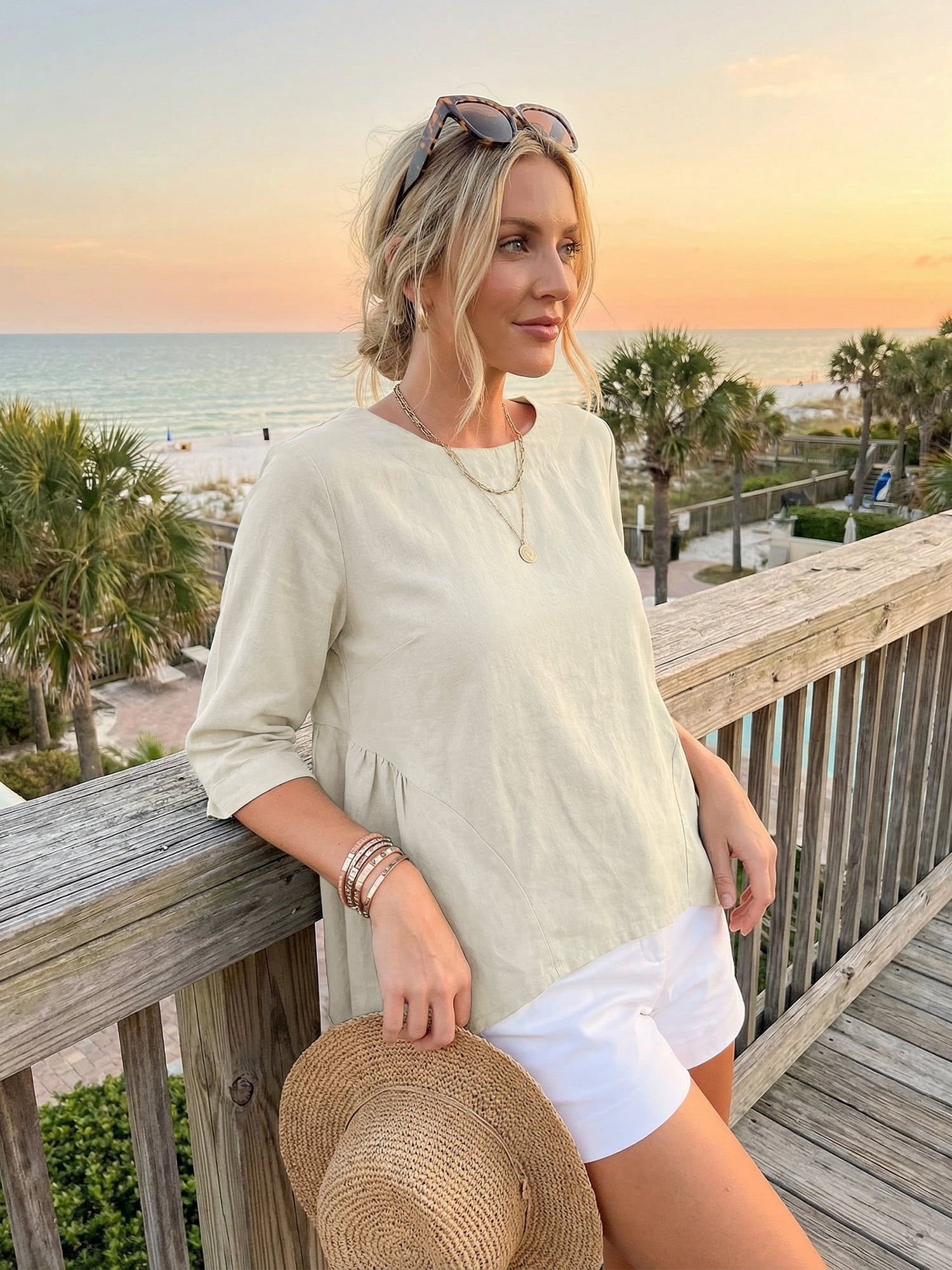 DARING DIVA Women's High Low Tops with 3/4 Sleeve Crewneck Tunic Blouse XL Apricot