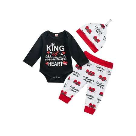 

aturustex Newborn Baby Boy Girl 3-Piece Outfits Valentine s Day Long Sleeve Letter Print Romper Tops Heart Beard Pattern Elastic Pants Round Cap Set