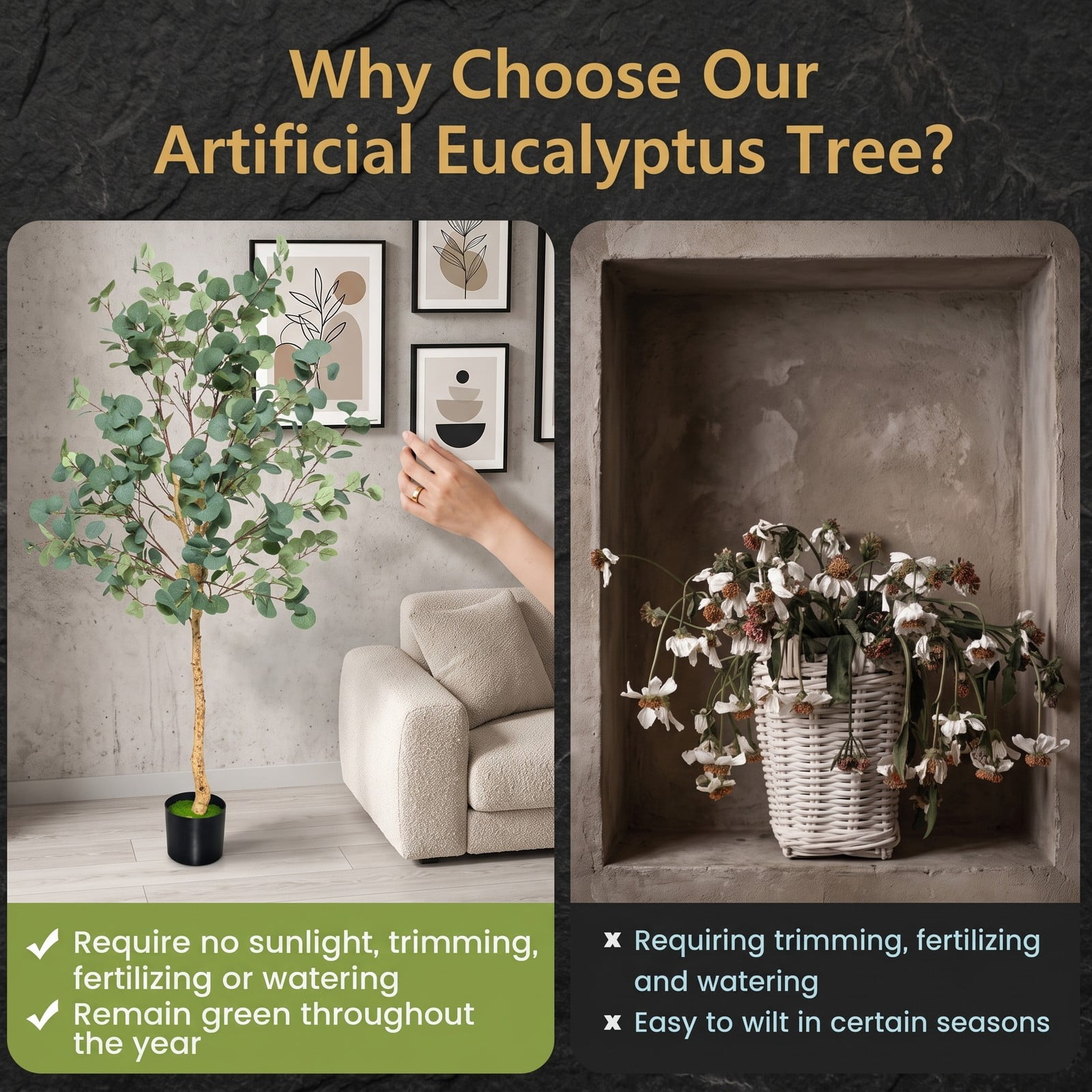 ALPULON 5.5 FT Artificial Eucalyptus Tree, Faux Silver Dollar Tree with 517 Leaves and Cement Pot, Tall Fake Plant for Indoor Home Office Living Room Corner, Green