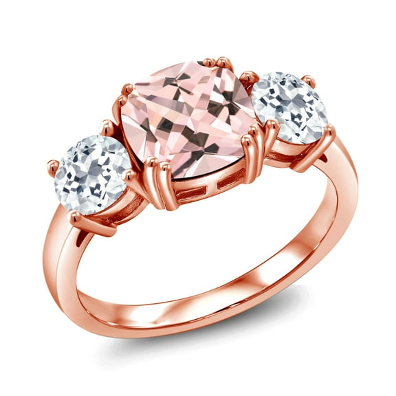 Gem Stone King 18K Rose Gold Plated Silver Peach Nano Morganite and White Topaz 3 Stone Engagement Ring for Women (3.20 Cttw, Gemstone October Birthstone, Cushion 8MM, Size 8)