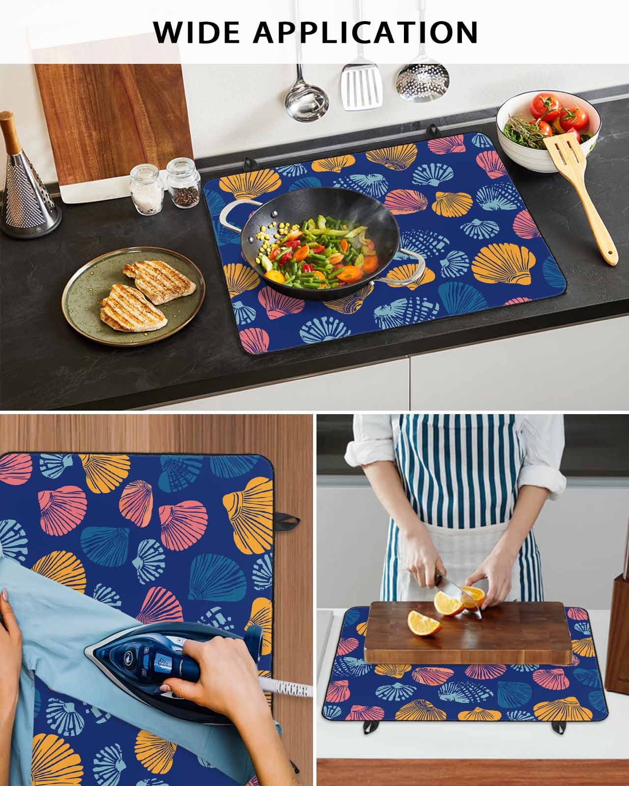 nqOlkjepod Large Induction Cooktop Protector Mat 36"x21", Colorful Shell Stove Top Covers for Electric Stove, Navy Blue Summer Beach Coastal Decorative Stove Burner Cover Mats, Glass Top Stove Cover