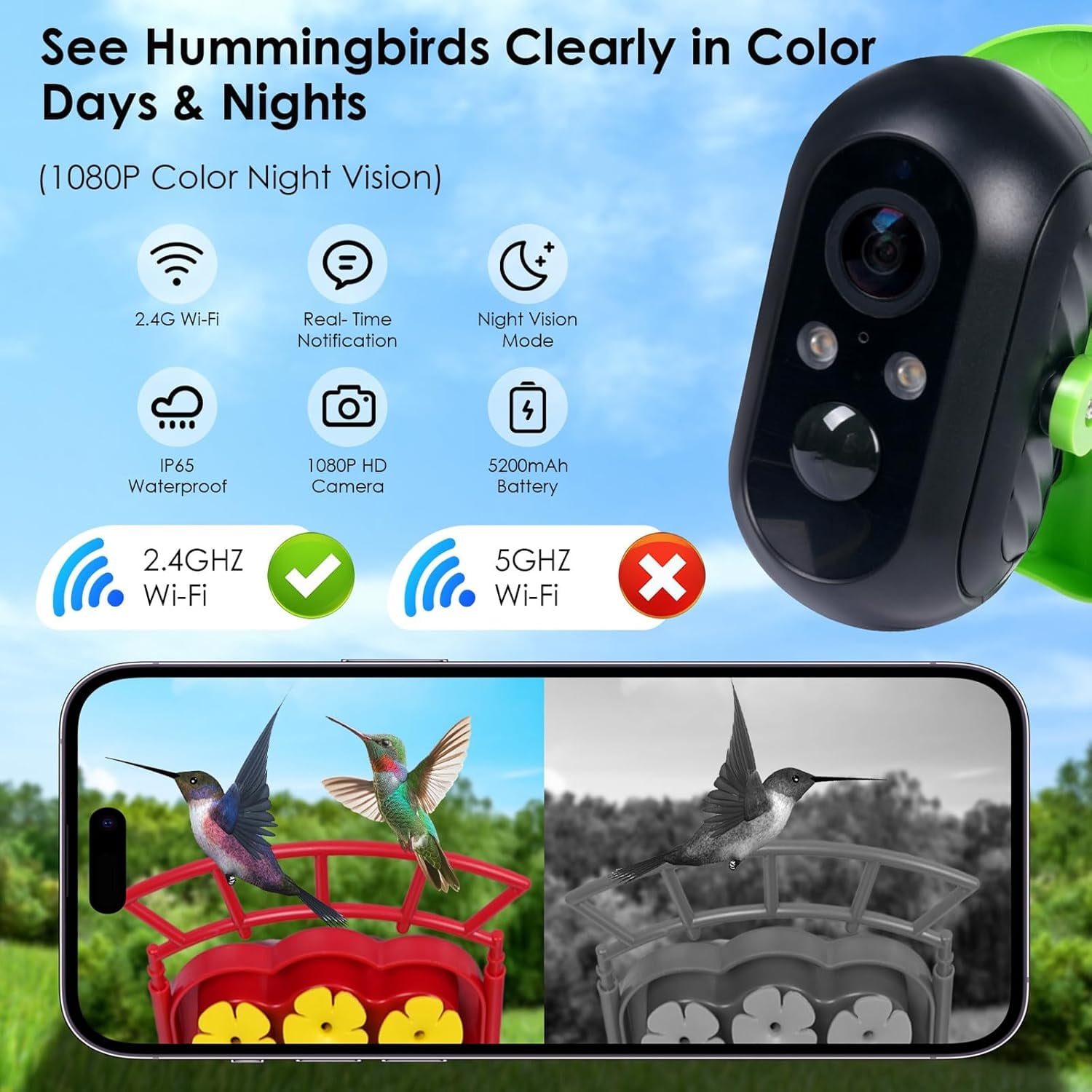 Hummingbird Feeder with Camera Solar Powered, AI Identify Bird Species, Hummingbird Feeder Camera Anti Ant Moat for Hummingbird, Outdoors Hanging, Ideal Gifts for Bird Lovers