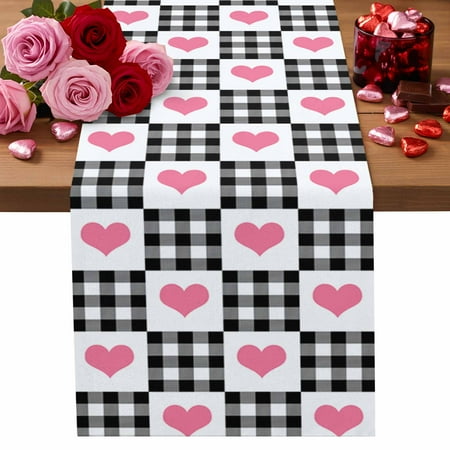 Valentine s Day Table Runner 13 x 90 Inch Pink Love Heart Black Plaid Washable Cotton Linen Dining Table Runner Tabletop Decorations for Restaurant Home Kitchen Party